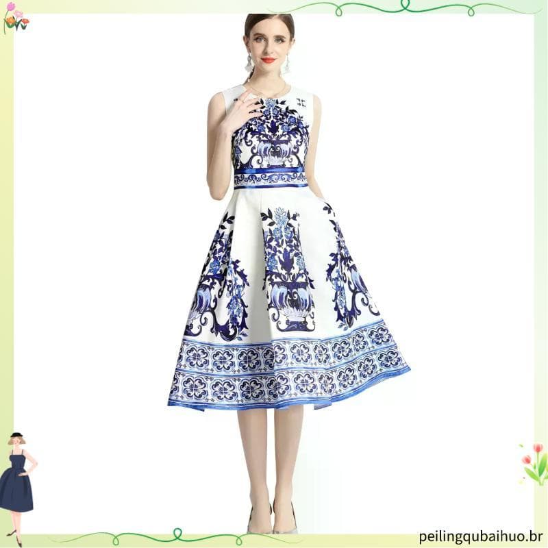 Vestidos De Luxo Leve Vintage Noturno Festa Moda Feminina De Verão Com Pescoço Redondo Sem Manga Porcelana Azul