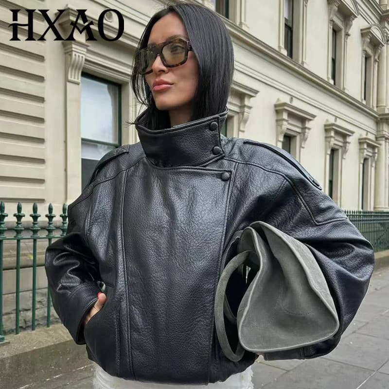 Jaqueta de Couro Sintético HXAO para Mulheres, Nova Chegada, Estilo Punk, Casacos Oversized de Manga Longa com Zíper e G