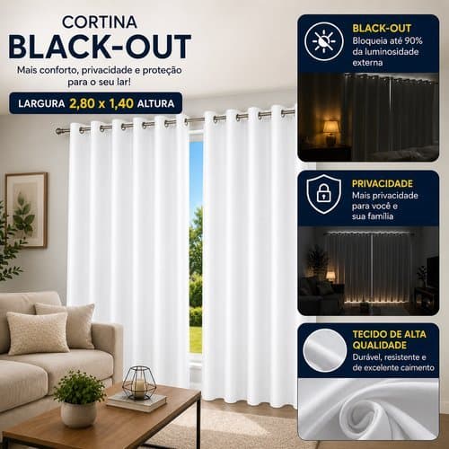 Cortina Blackout Com Ilhos 280x140cm Tecido Espesso Branco Bloqueio Luz Protecao Ambiente