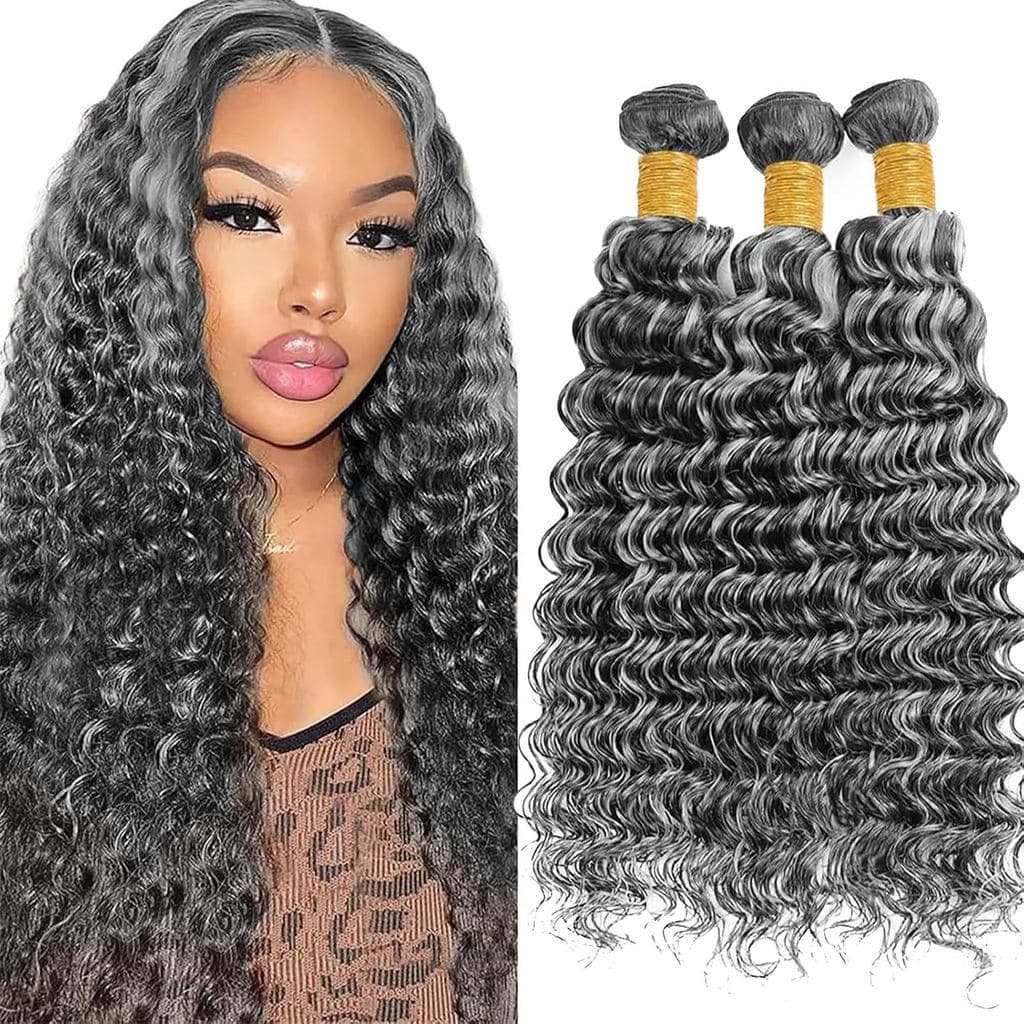 Pacotes de Cabelo Humano Cinza 26 28 30 Polegadas, Cabelo Ondulado Profundo 12A, 100% Cabelo Humano Virgem Brasileiro Nã