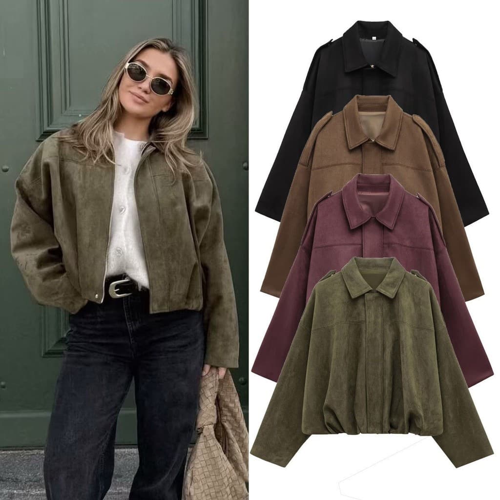 Jaqueta bomber feminina de outono e inverno com mangas de morcego, zíper, corte solto e textura de camurça.