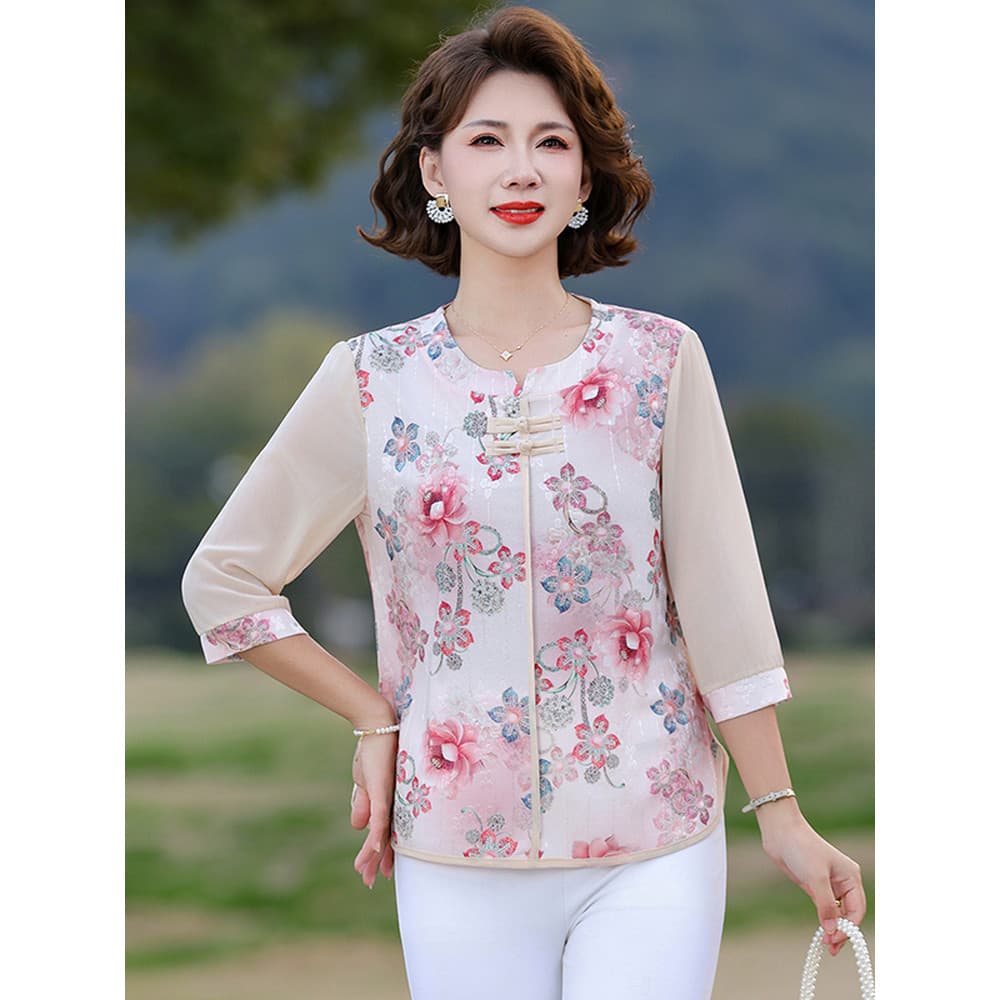 2026 novo estilo de meia-idade roupas femininas idosas roupas da mãe camiseta de manga média camisa pequena moda solta m