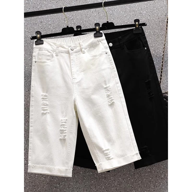 Jeans rasgados calças cortadas femininas verão estilo fino 2025 novo estilo tamanho grande Shorts de seis pontos gordura
