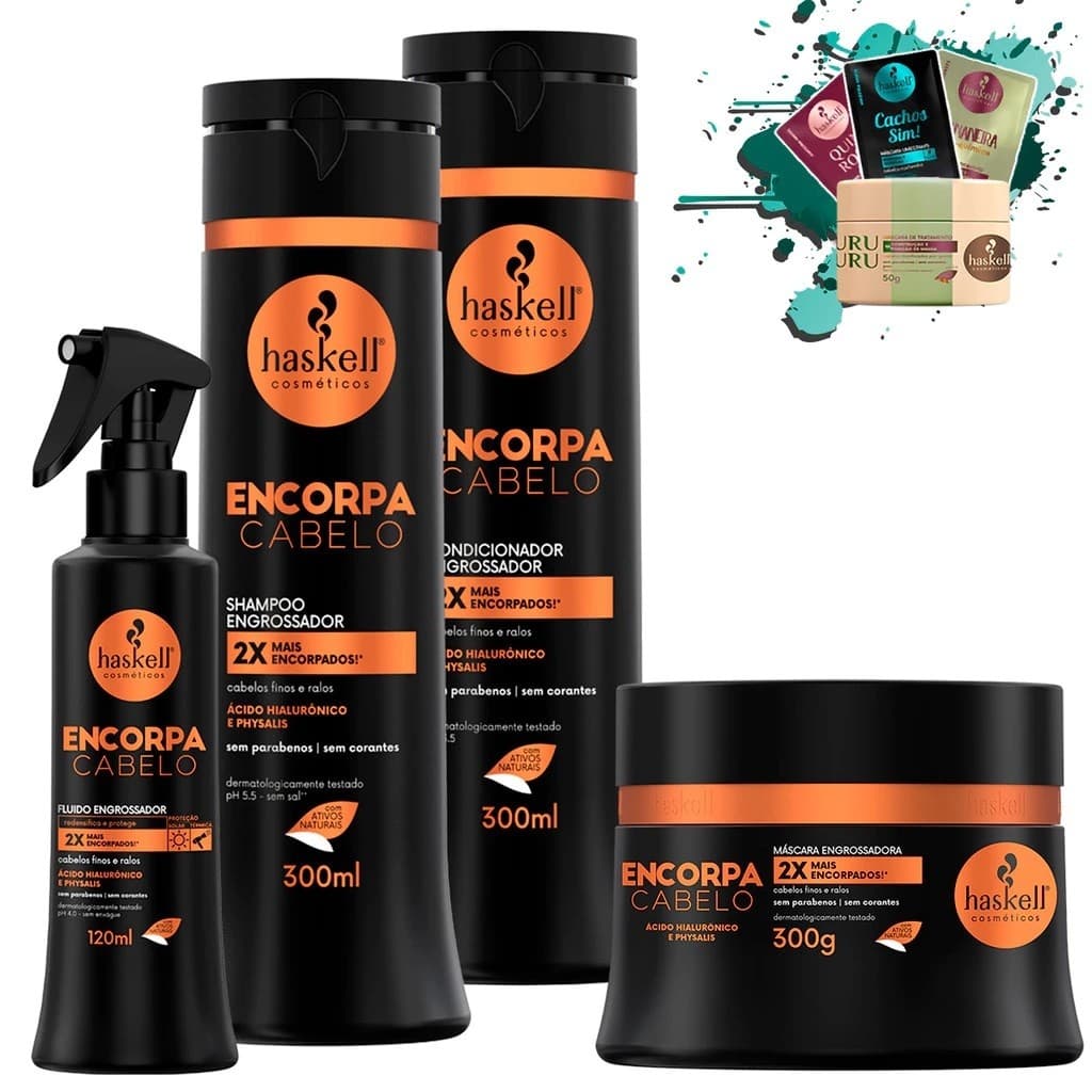 Shampoo Condicionador 300ml Máscara 300gr e Fluido 120ml Encorpa Cabelo Haskell