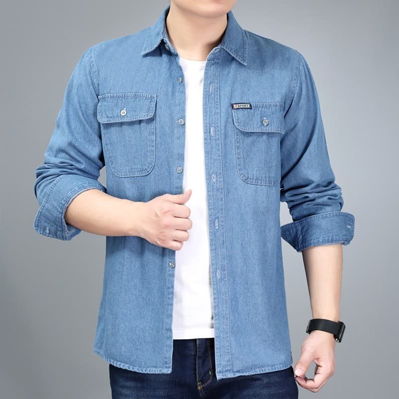 Verão Denim moda Plus Size Workwear camisa masculina fina de manga comprida soldador Anti-escaldante resistente ao desga