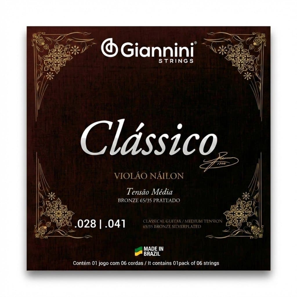 Jogo cordas Encordoamento Violão Nylon Giannini Clássico GENWPM Tensão Média Bronze Prateado