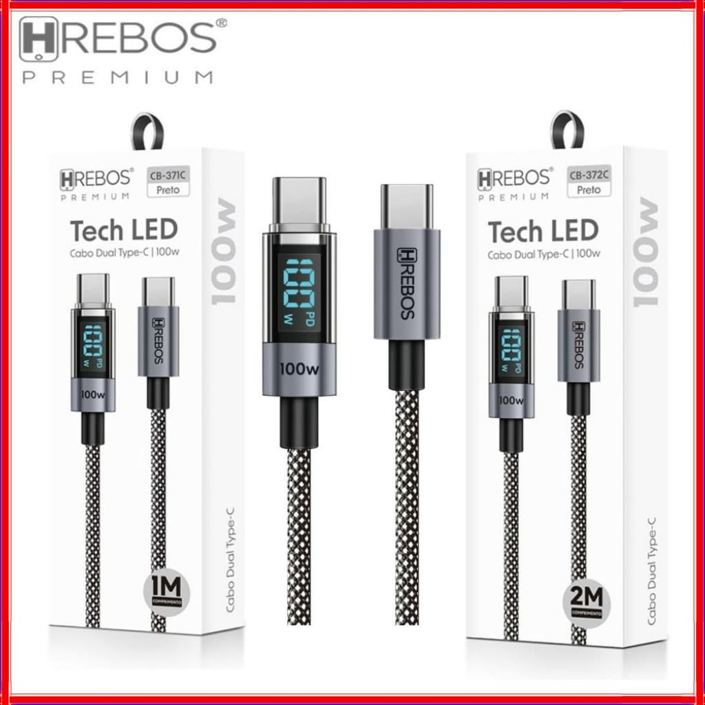 Cabo Tipo C 100W Turbo PD Visor de Potência com Mostrador LED USB C Original HREBOS CB-371c