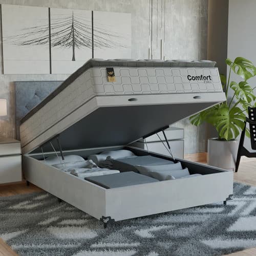 Cama Box Baú Viúva + Colchão Comfort Class Pillow Top  Branco/suede Branco