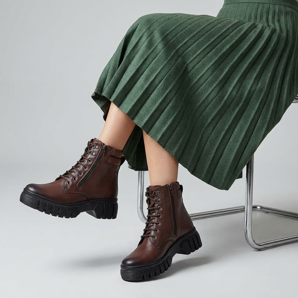 Bota Coturno Feminina Preta Tratorada Zíper Cadarço Confortável Giolo