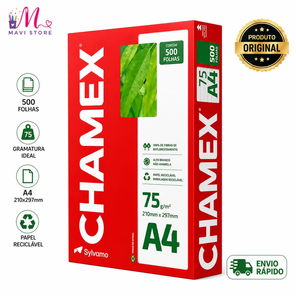 Resma Papel A4 Chamex 500 Folhas 75g Branco Original Impressora Escritório Uso Diário Laser e Jato