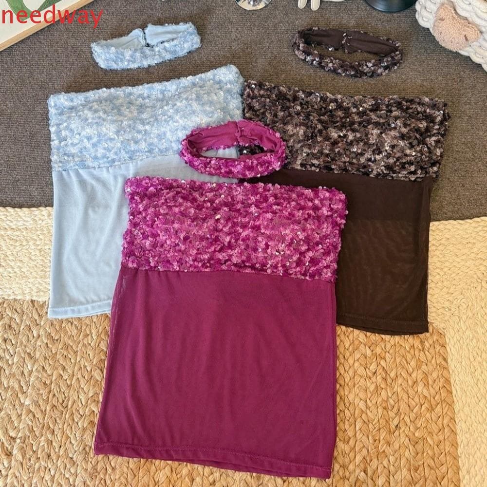 NEEDWAYB Top Fino De Lantejoulas , Sem Alças Com Anel De Pescoço , Colete Feminino , Camisola Doce De Malha Almofadas