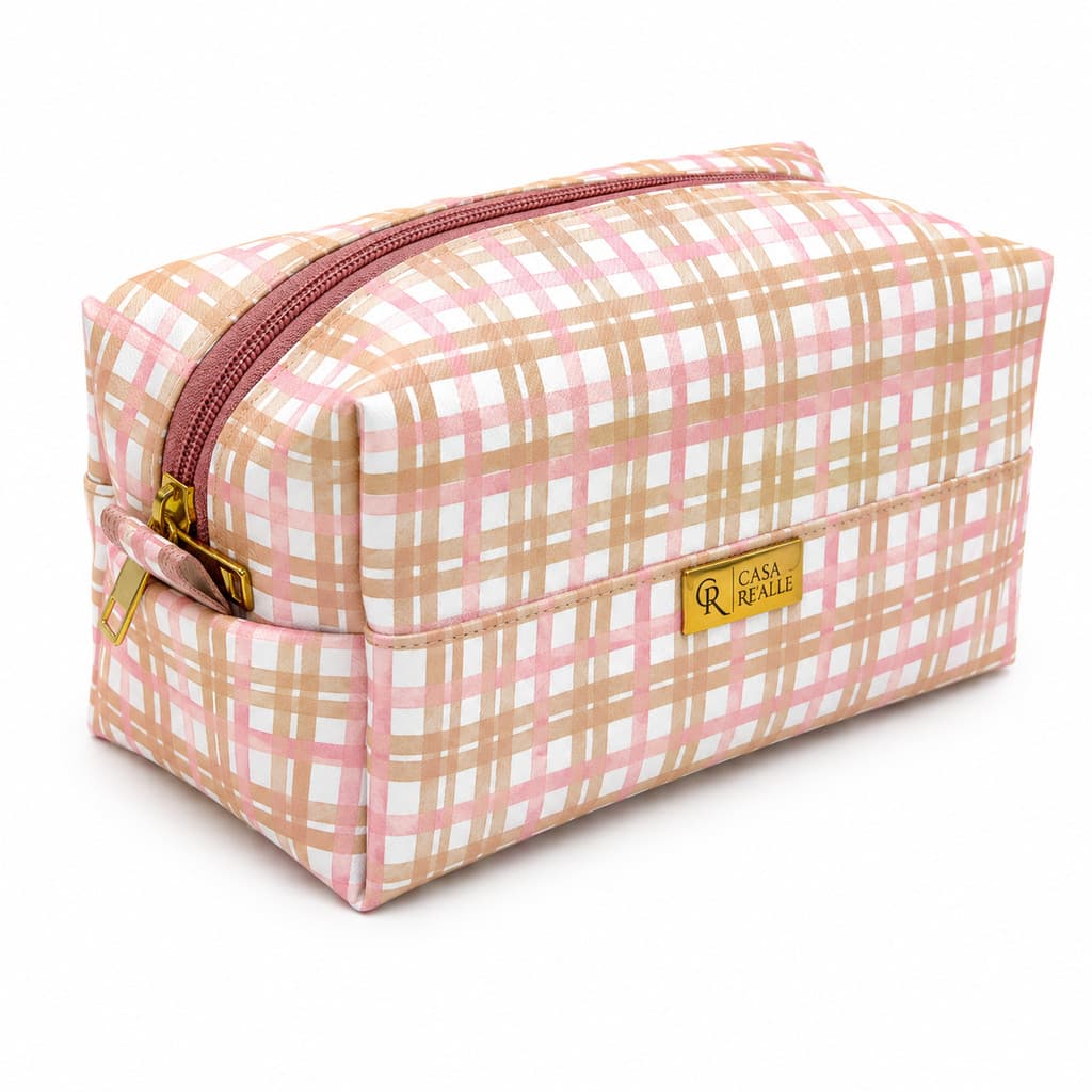 Nécessaire Feminina Xadrez Rosa, Bolsa de Cosméticos com Zíper, 22cm