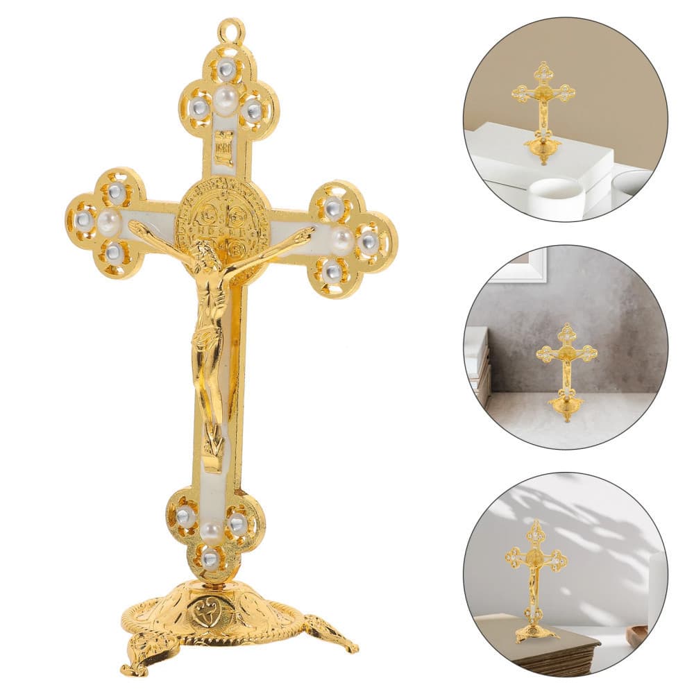 Estátua de Jesus Crucifixo em Pé - Cruz de Mesa para Altar Familiar Católico, Adequada para Oração Cristã, Decoração Dur