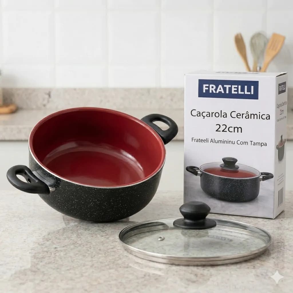 Caçarola Cerâmica Dubai Fratelli 20cm Antiaderente Panela Com Tampa 2L Saudável Inmetro Vermelha Preta Cozinha Gourmet T