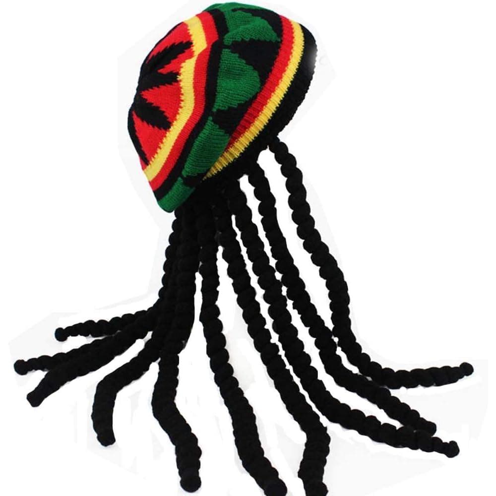 Dreadlocks Wig Hat Reggae Jamaican Style Rasta Hat Crocheted Knitted Beret Cap Long Black Hair Costume (Black)