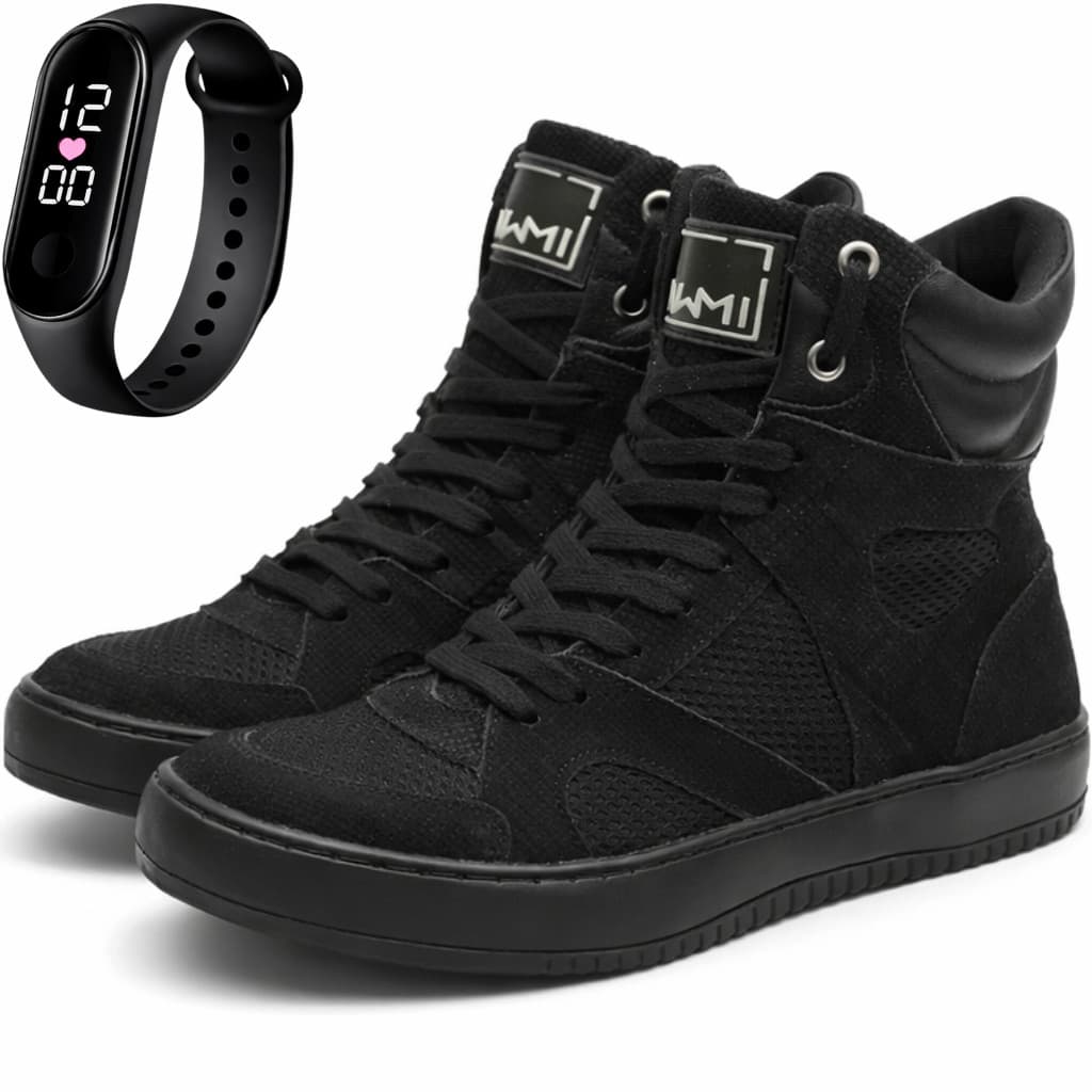 Tênis Botinha Academia Feminino Couro Cano Alto Treino Musculação Sneaker com Relógio
