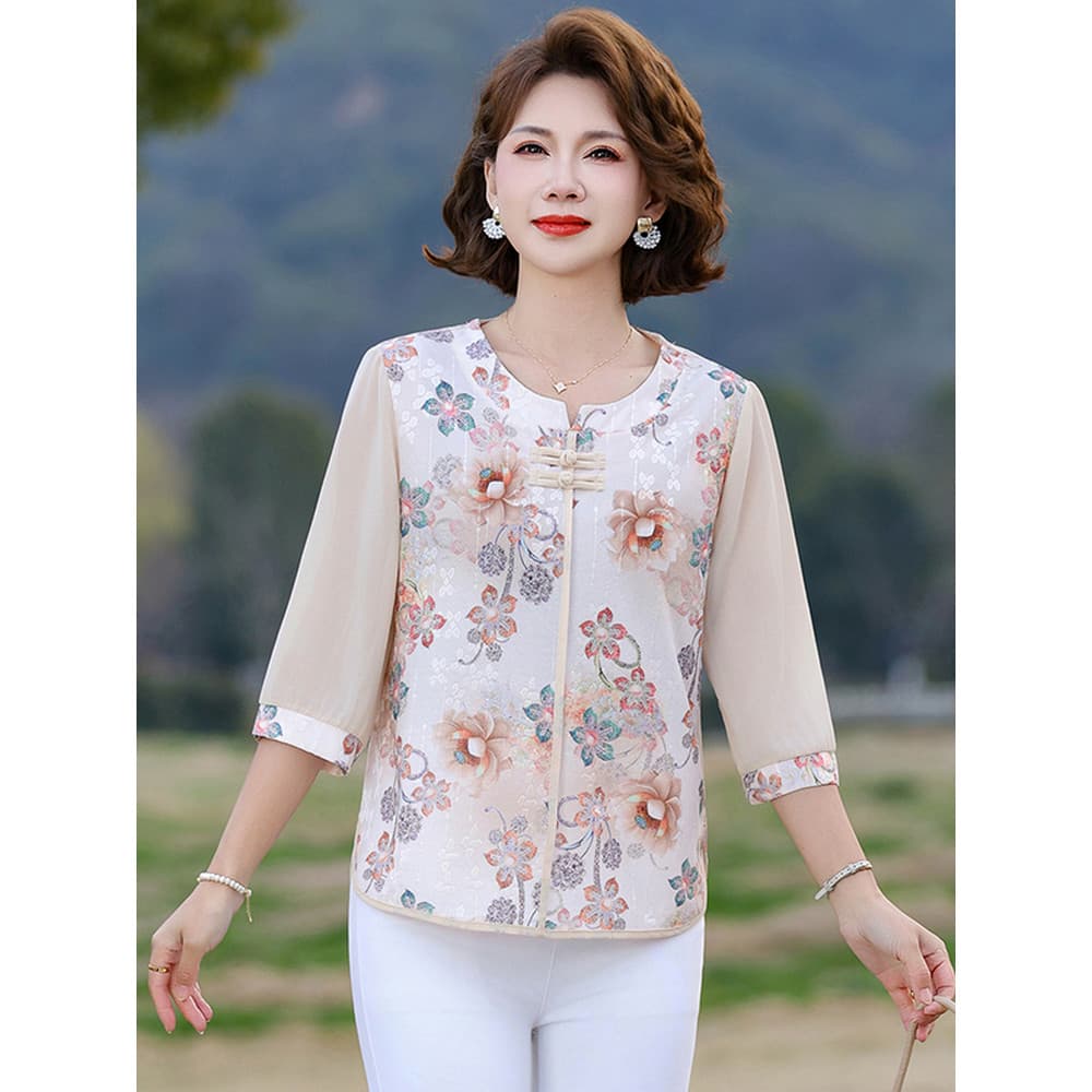 Mãe usar novo estilo verão manga de três quartos camiseta topo feminino novo estilo chinês moda redução de idade impress
