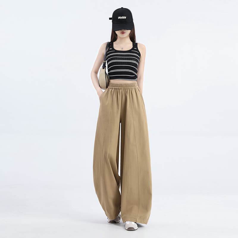 Retro lavado algodão costura estilo calças de perna larga feminina 2026 verão Drape mais magro olhar estilo japonês redu