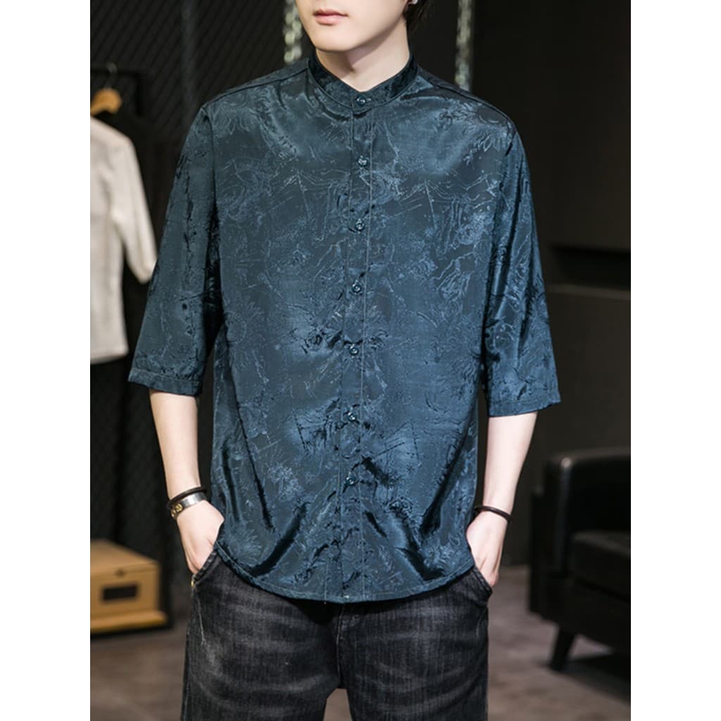 Cleanfit azul marinho estilo chinês nacional na moda camisa masculina verão seda Jacquard recortado camisa de manga curt