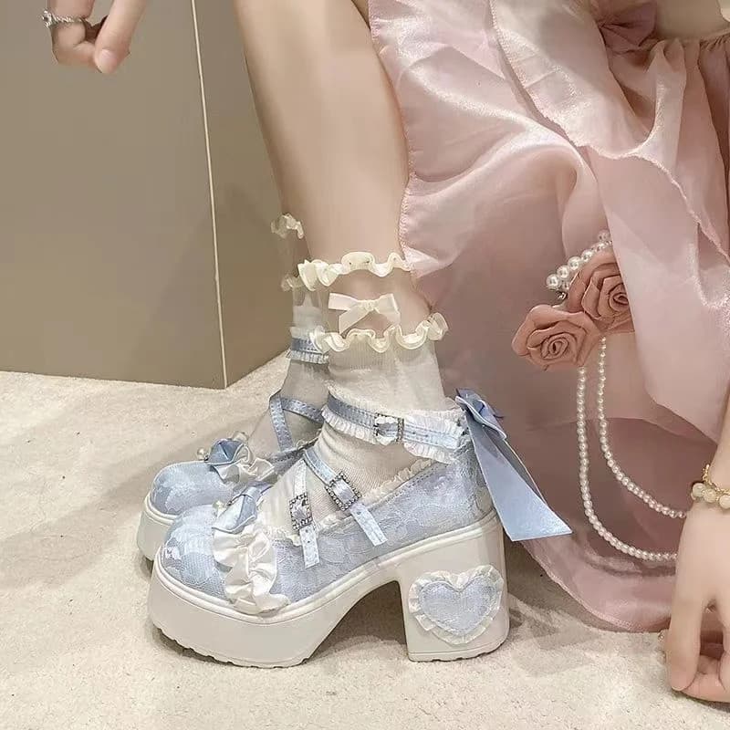 Sapatos Elegantes de Princesa com Detalhes em Renda, Salto Grosso, Sola Macia, Mary Janes com Aumento de Altura, Sola Co