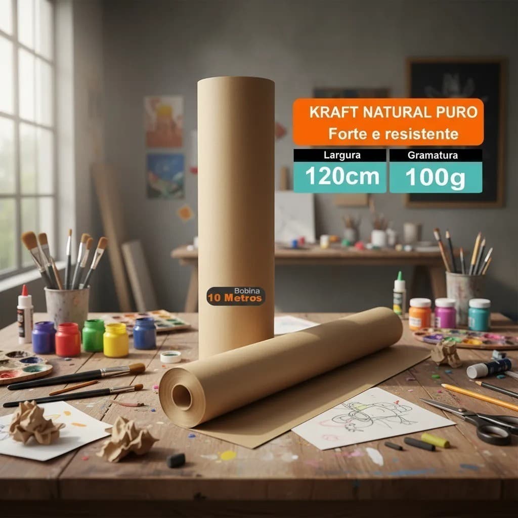 Papel Kraft Puro Pardo Bobina 100g x 120cm Largura Rolo 10 Metros Embalagem Sacola moldes Artesanato