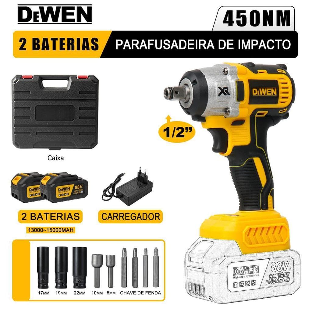 Kit de Chave Impacto DEWEN 21V, 1/2" com conjunto de baterias, carregador e jogo de soquete. Chave Impacto de Alto Torqu