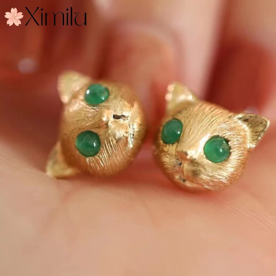 ♥ Moda Kitty Brincos Esmeralda Banhados Brincos de Ouro 18K Tridimensional Gato Médico Joias Criativas