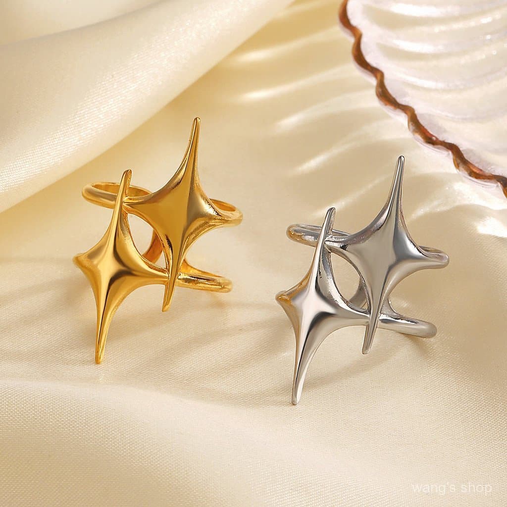 Anel feminino elegante de aço inoxidável com design de estrela exagerada, moderno e versátil, em formato de estrela e ba