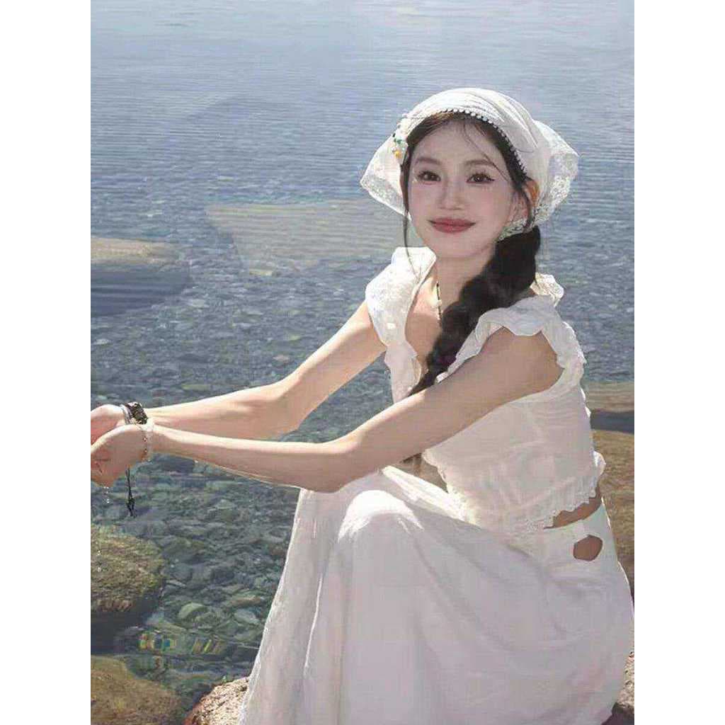 Francês branco renda turbante triângulo cachecol feminino estilo Pastoral bonito doce atado turbante foto cachecol banda