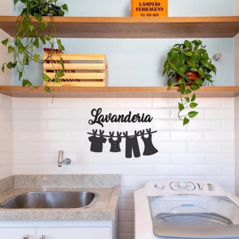 Aplique de Parede Lavanderia com Varal em MDF Preto Placa Decorativa