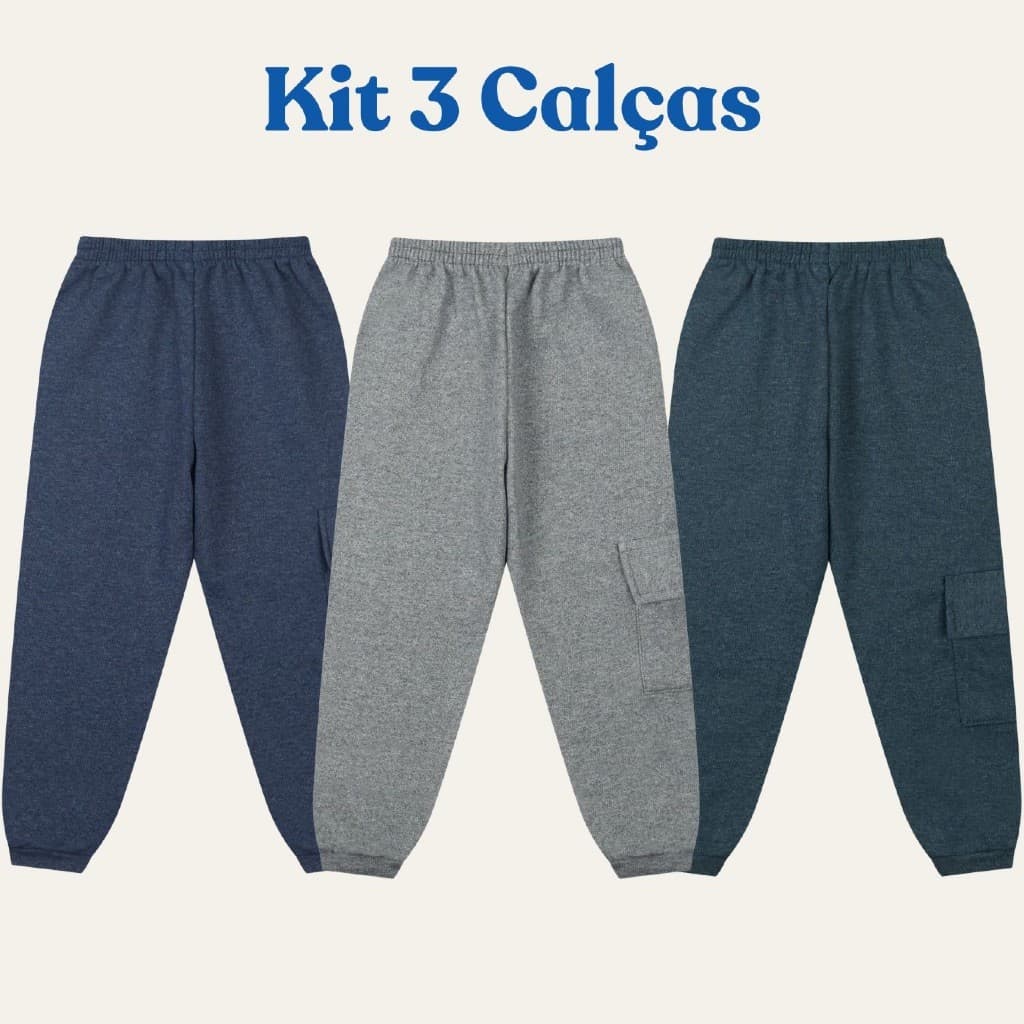 Kit 3 Calças de Moletom Lisa infantil e juvenil escolar uniforme