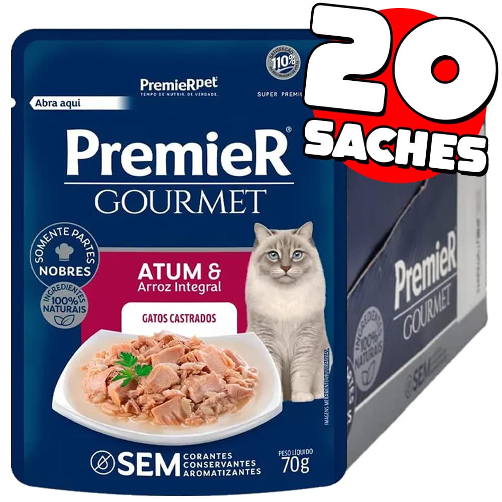 Caixa 20un Sache Ração Úmida Premier Gourmet Atum e Arroz Integral para Gatos Castrados