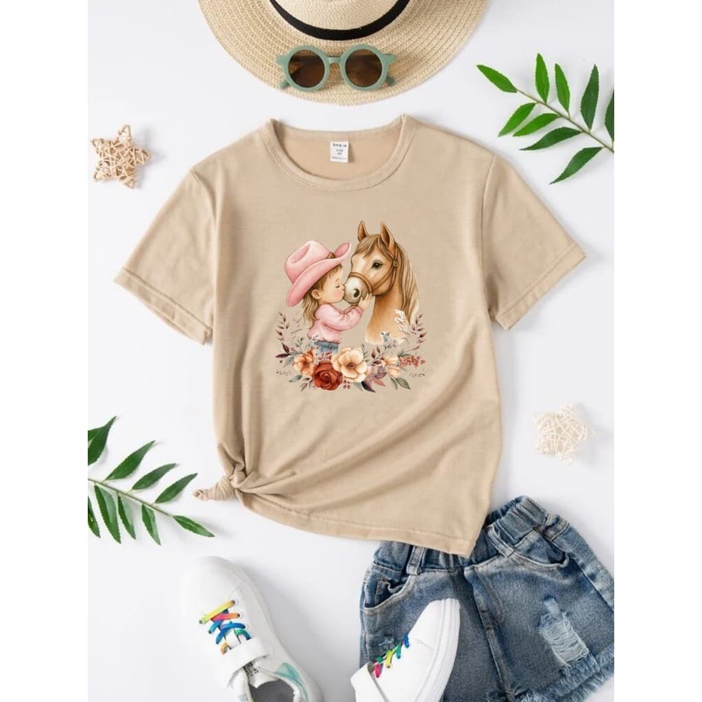 Camiseta Infantil Feminina Country Menina e Cavalo Delicada Manga Curta
