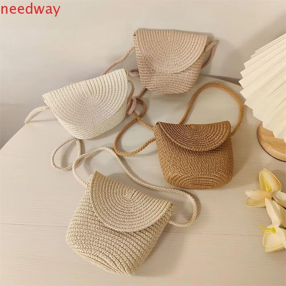NEEDWAYB Bolsa Crossbody Tecida Infantil , De Palha Meia Redonda De Cor Pura Para Crianças Criativa De Vime Artesanal