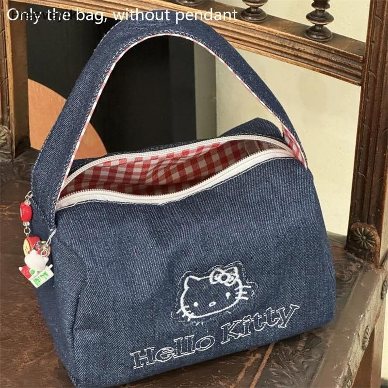 Linda bolsa de maquiagem Hello Kitty em jeans, grande capacidade, estilo vintage, padrão xadrez, design de cores contras