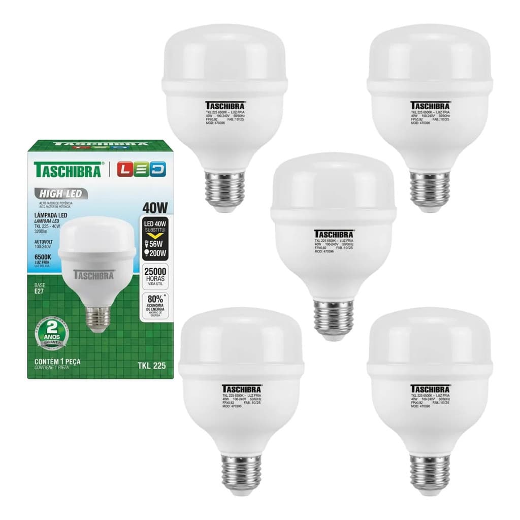 Kit 5 Lâmpadas Led 40w Taschibra Alta Potência Branca Fria
