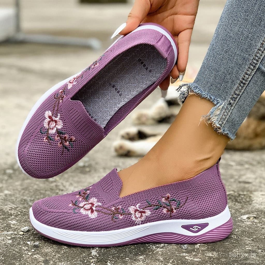 Sapatos Femininos De Tamanho Grande Casuais Bordados De Pano De Pequim Deslizamento Em Apartamentos 7LXQ