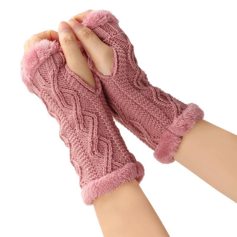 Inverno Meia Palma Luva Para Mulheres Meninas Malha Sem Dedos Mão Mitten Fuzzy Velo Forrado Pulso Mais Quente Cor Sólida