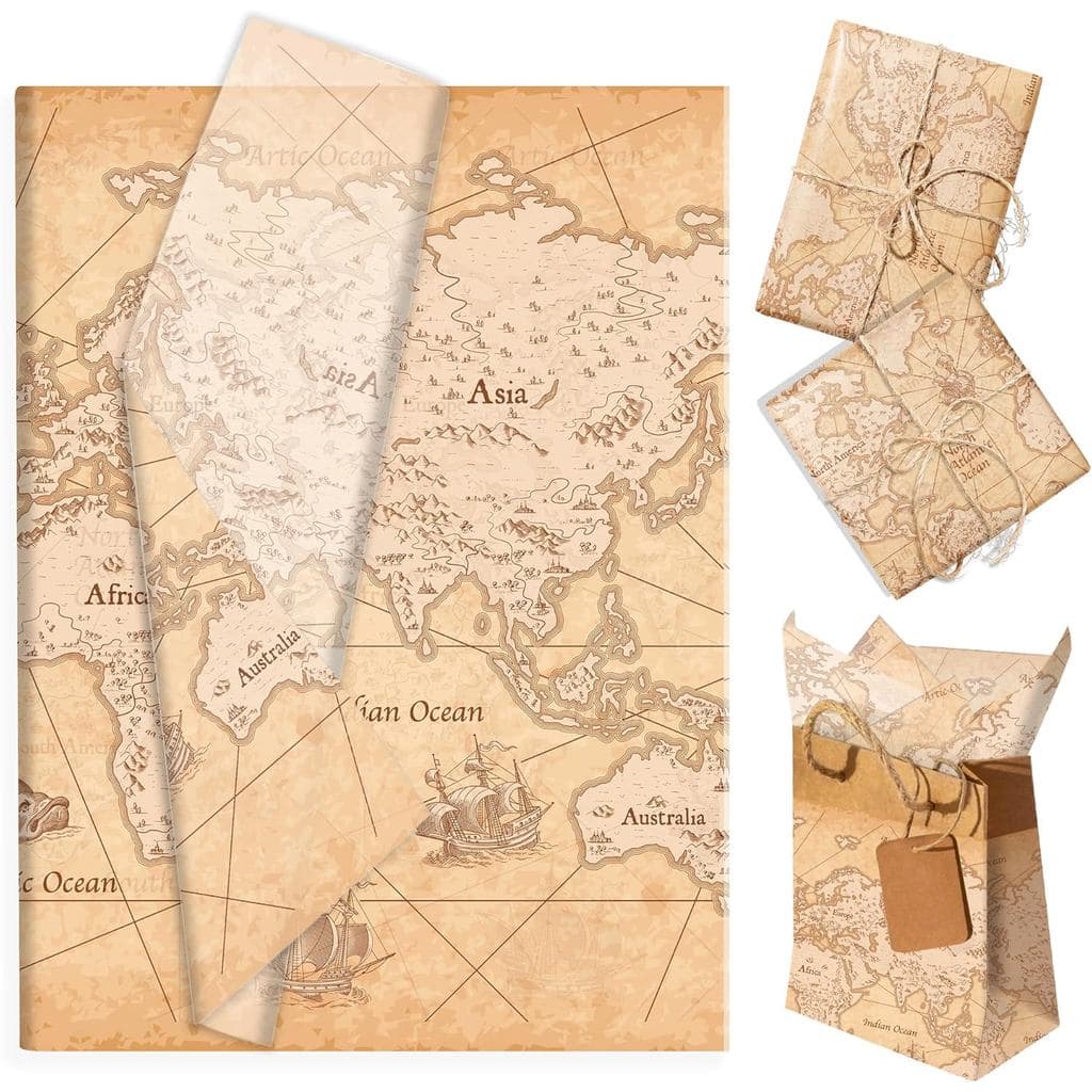 50 unidades de papel de seda vintage com mapa-múndi, 20×14 polegadas, em grande quantidade, papel de seda com tema de vi