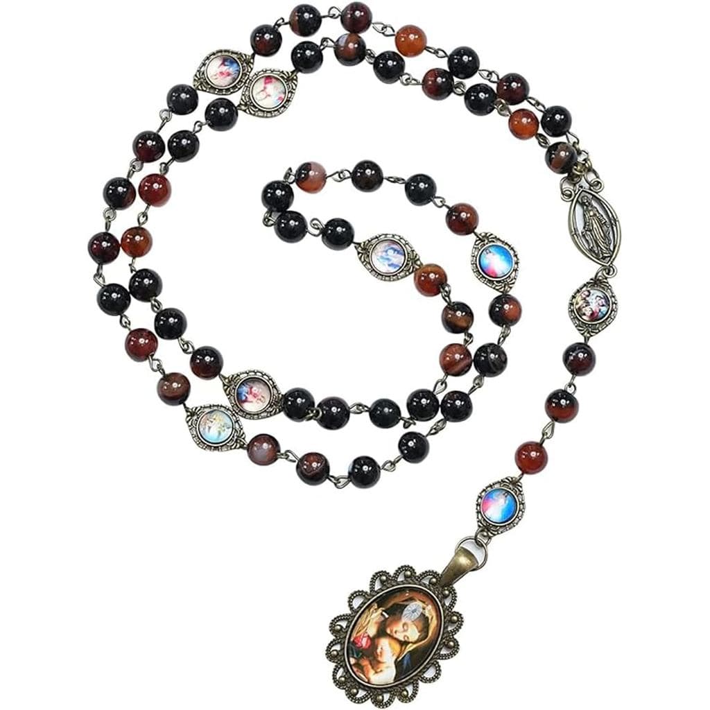 Terço das Sete Dores de Maria com Pérolas de Ágata de 8mm, Colar de Joias Católicas para Mulheres e Homens