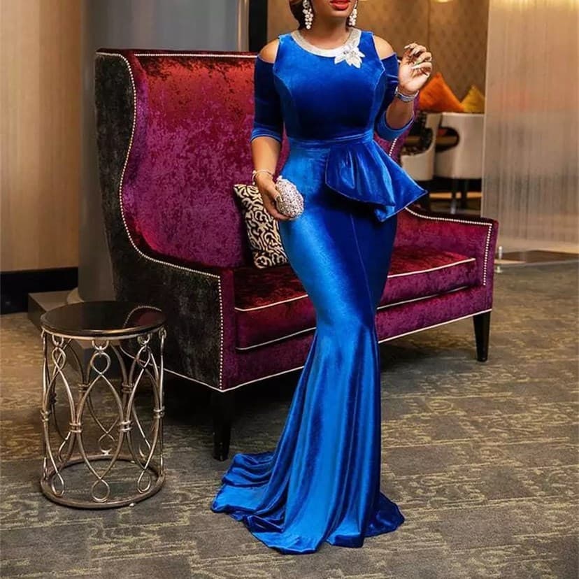 Vestido De Festa Maxi Formal De Veludo Azul Sereia Jantar Noite
