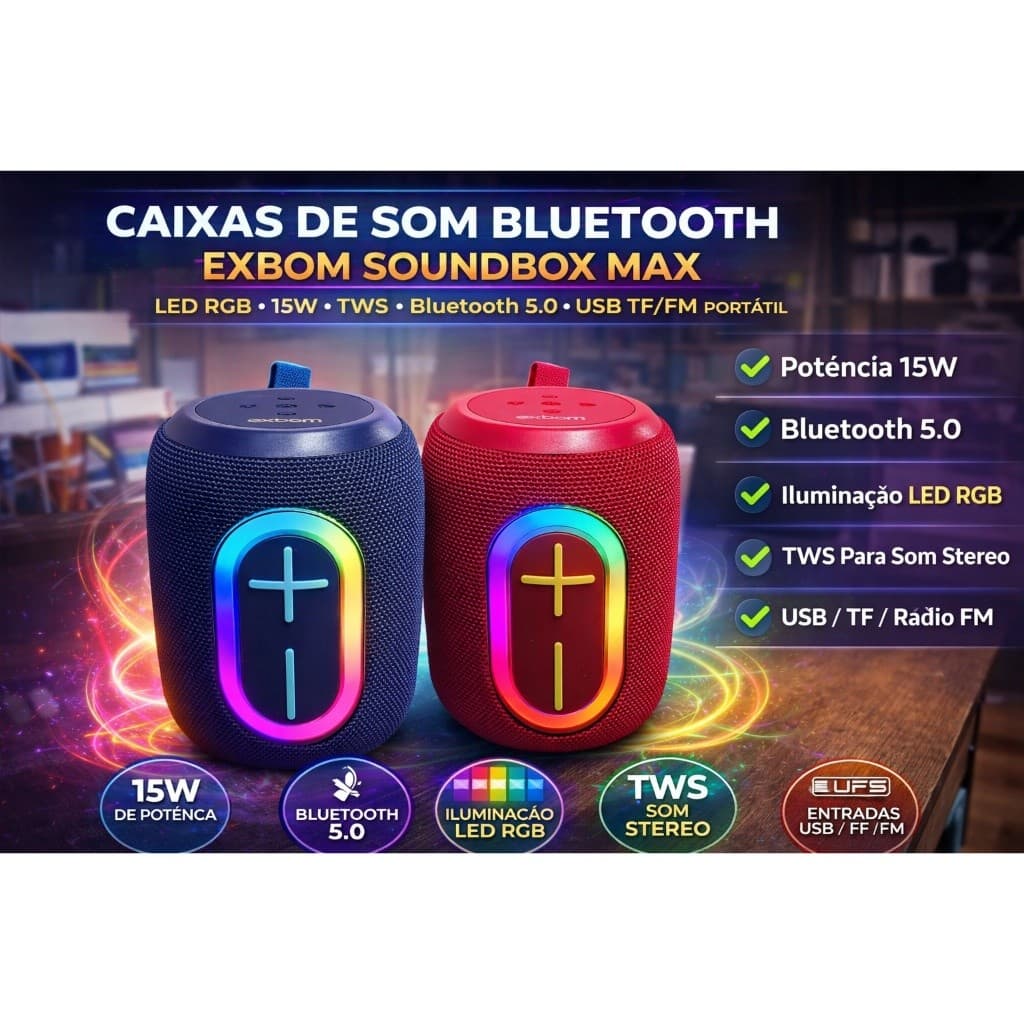 Caixa Bluetooth SoundBox Max 15W LED RGB USB TF FM TWS Portátil