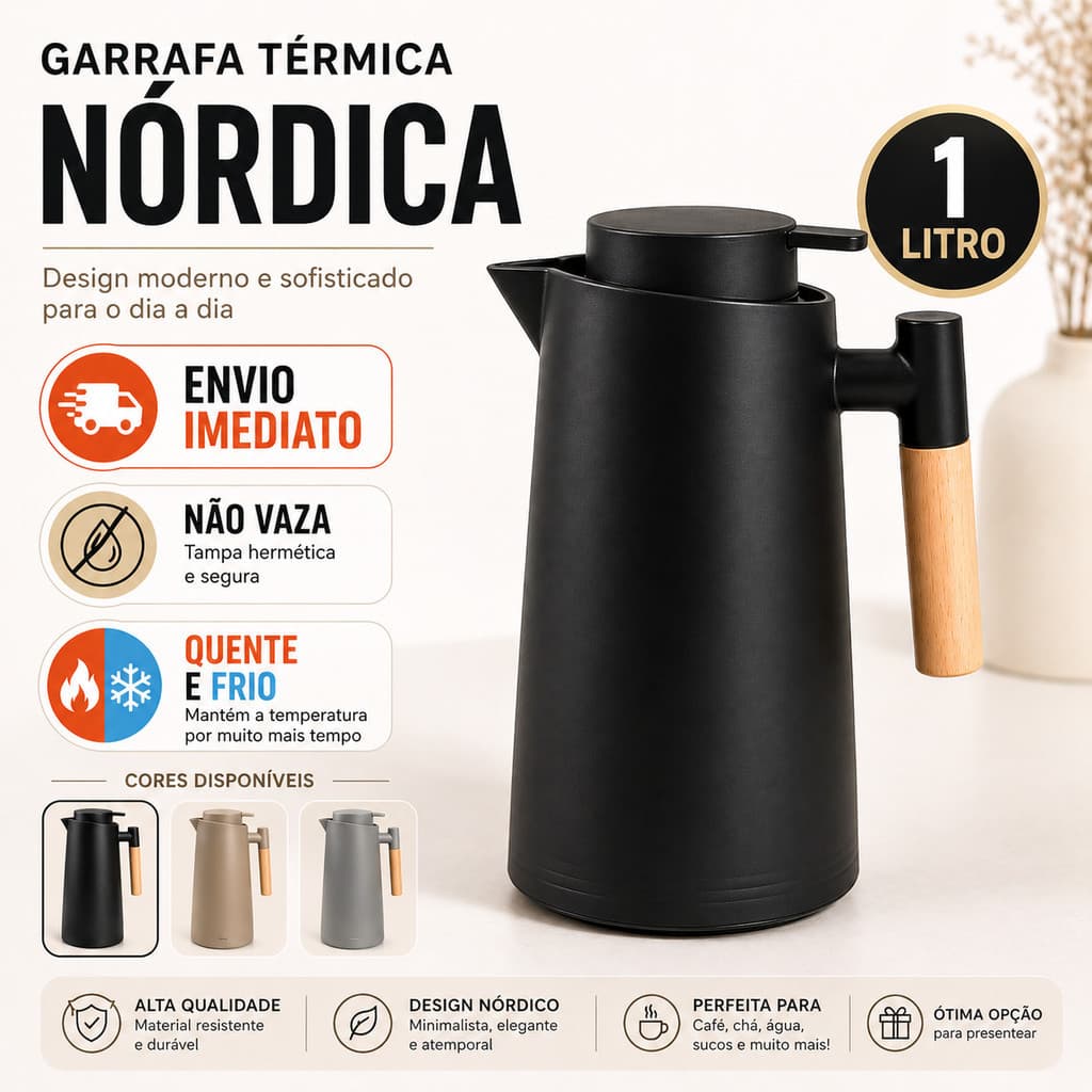 Garrafa de Café 1L Térmica Nórdica Cabo Madeira Moderna Elegante