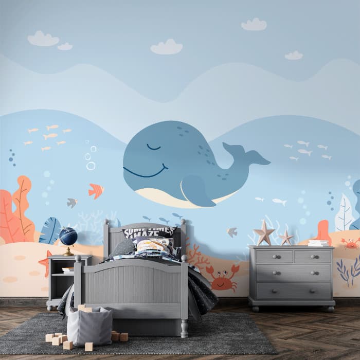 Papel de Parede Baleia Azul em Fundo do Mar - Adesivo Decorativo Autocolante