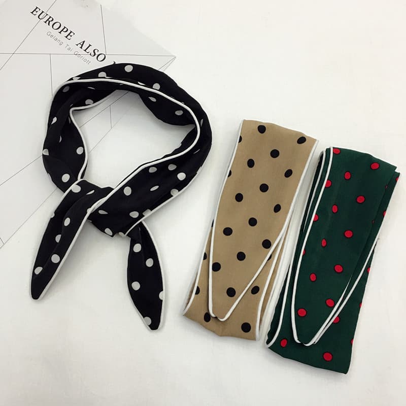 Primavera outono verão coreano All-Match borda decorativa pequeno lenço de seda feminino bolinhas lenço estreito bandana