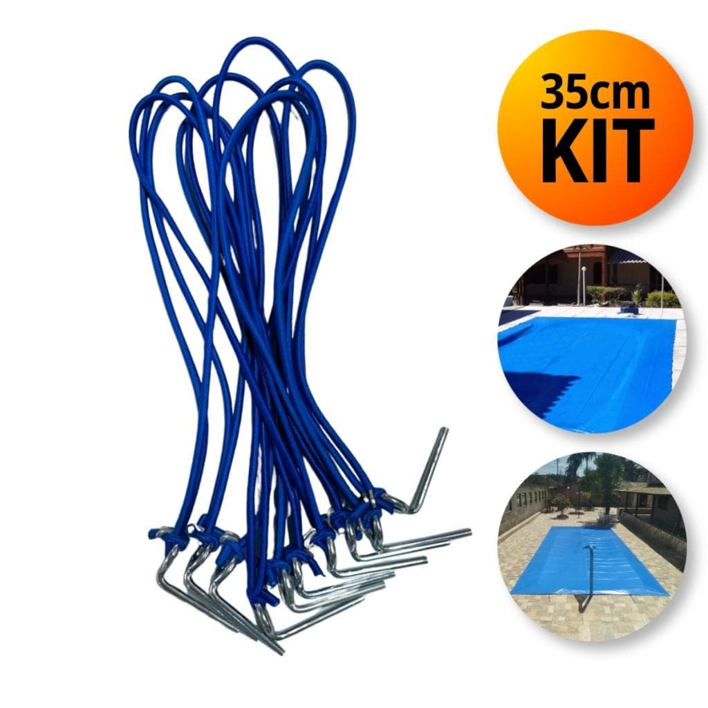 Kit Elástico Azul 35cm com Pino de Aço com 10/20/30/40/50un Fixação com Segurança Lonas de Piscina