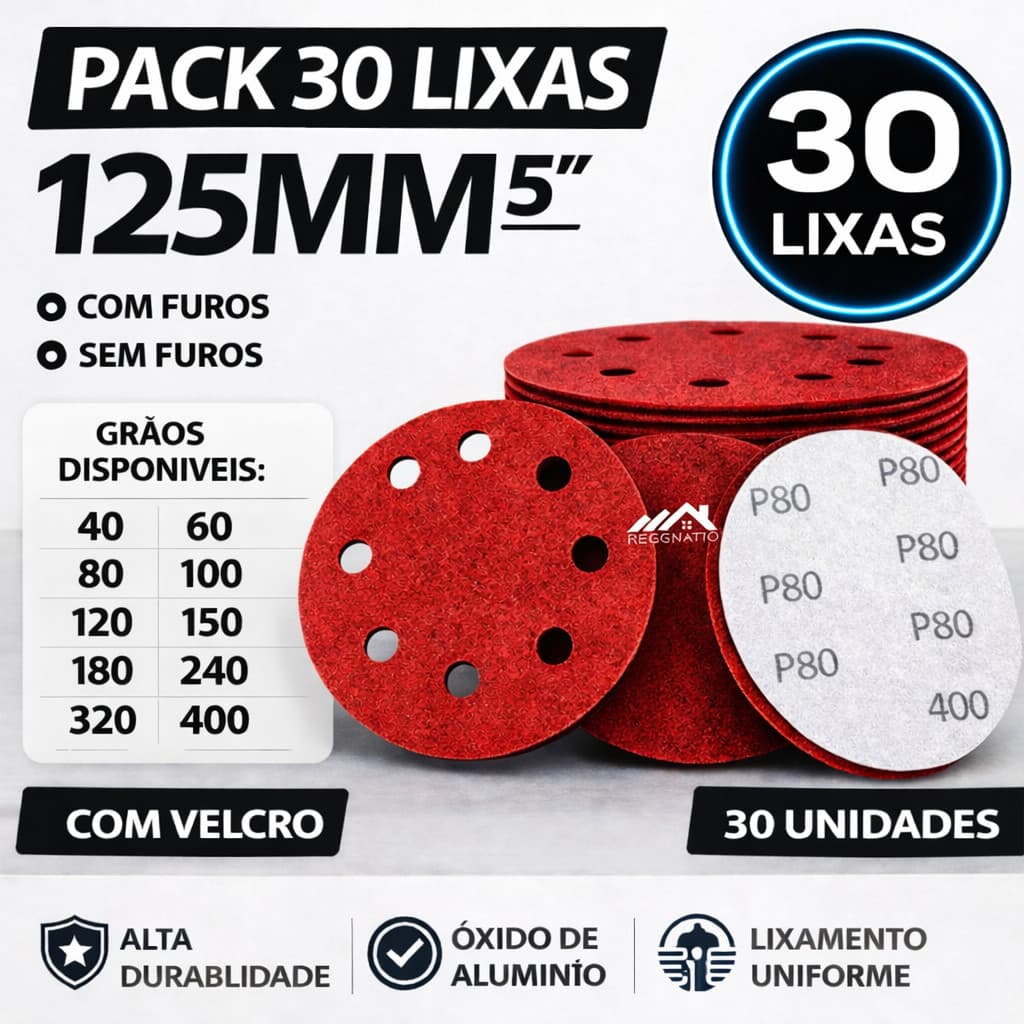 Kit 30 Discos de Lixa 125mm (5”) – 8 Furos ou Sem Furos – Velcro para Lixadeira Roto-Orbital