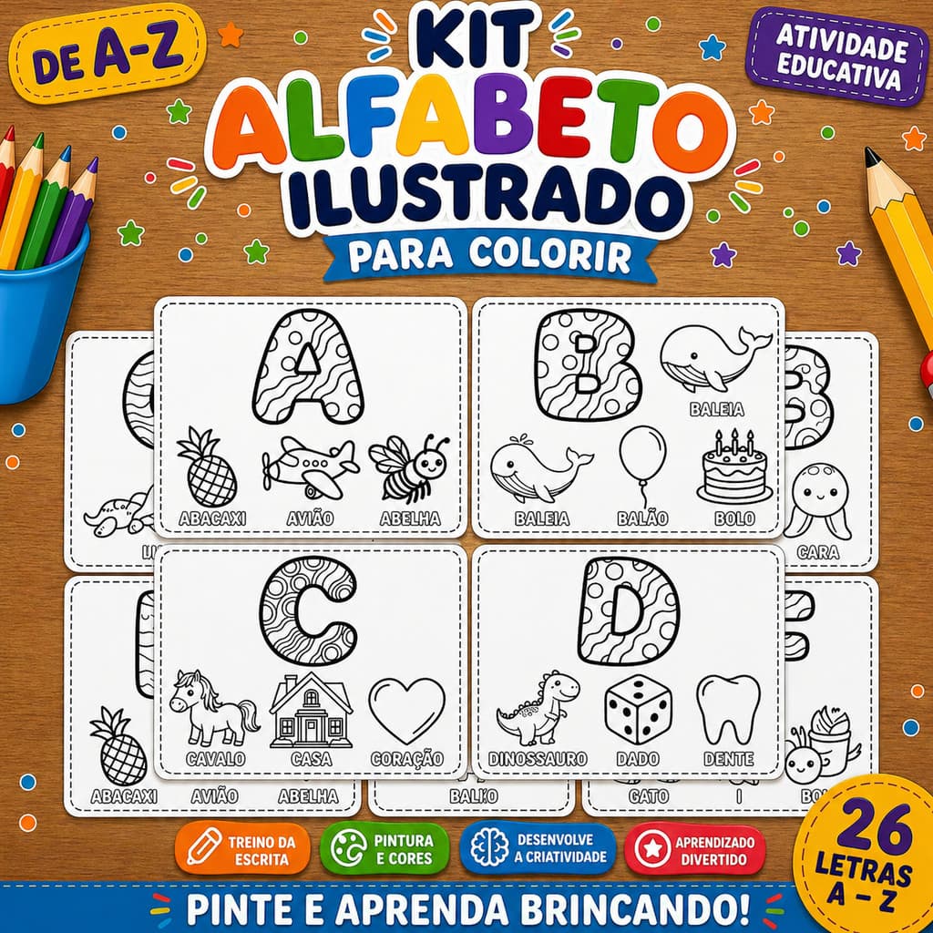 Kit Alfabeto Ilustrado A-Z para Colorir, Treino da Escrita e Pintura Atividade Educativa Infantil