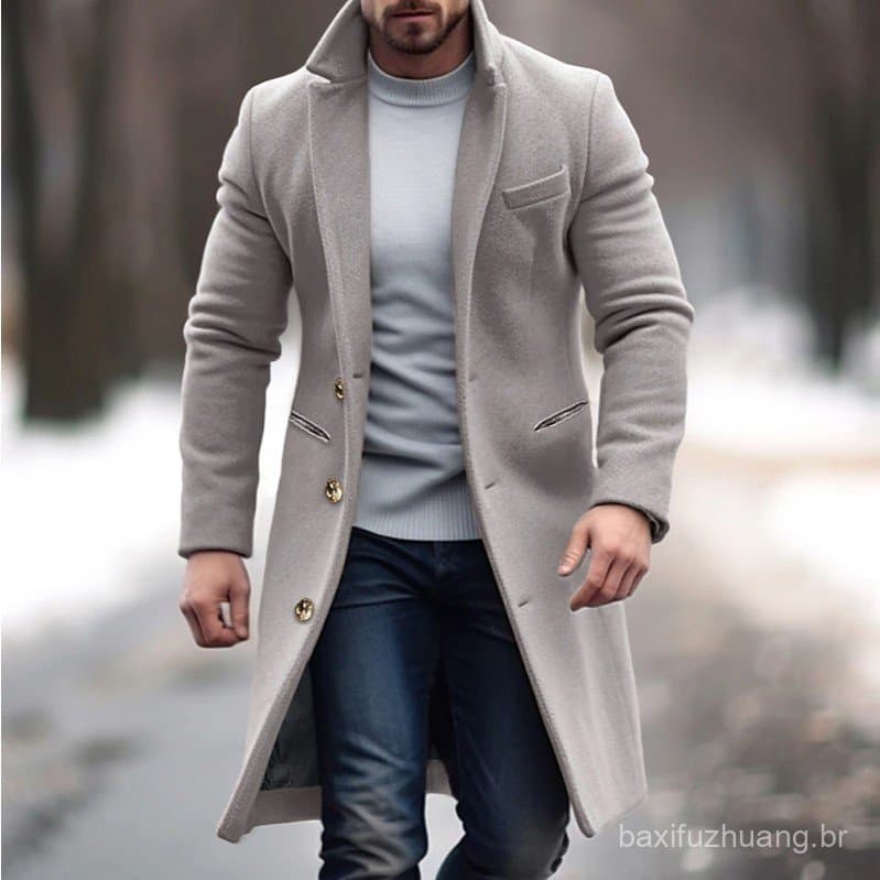 Casaco Masculino Longo De Lã De Cor Sólida Em Estilo Britânico .