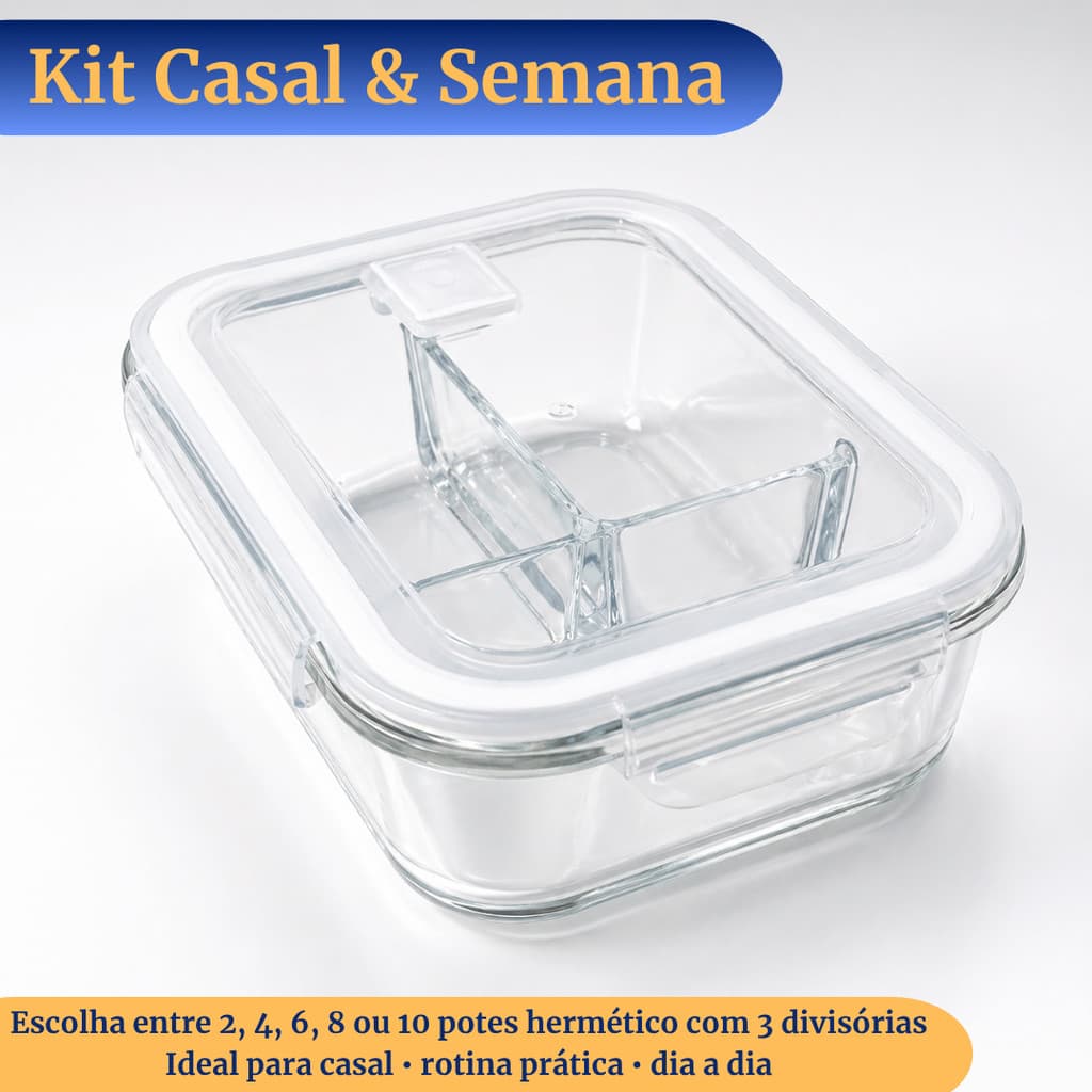 Kit Casal Marmita de Vidro 2 a 10 Potes 1000ml 3 Divisórias Hermético Antivazamento